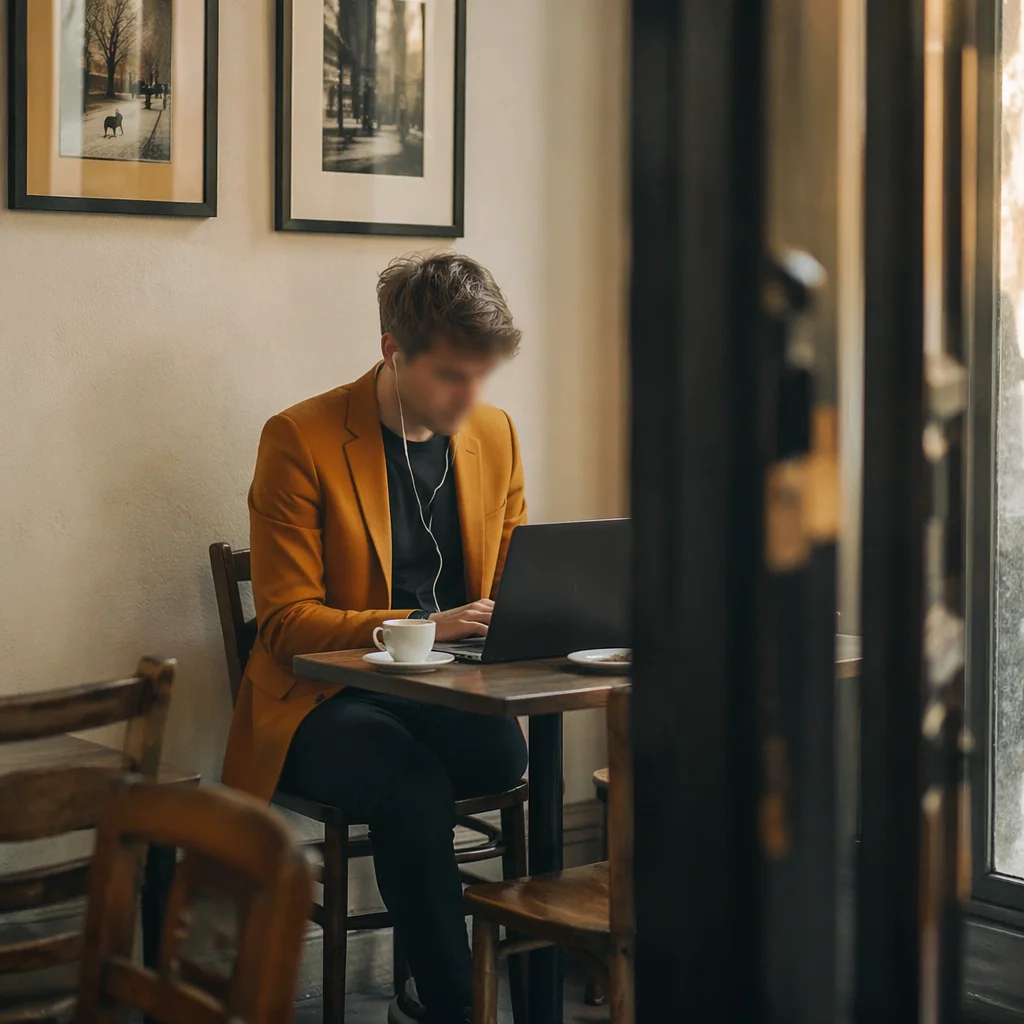 Focused Freelancer Working in Cozy Cafe