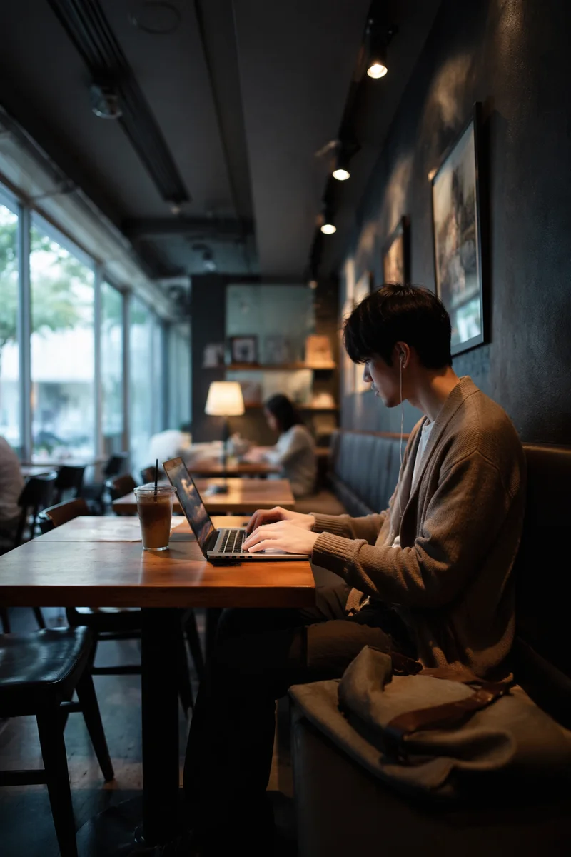 Focused Freelancer Working in Modern Cafe