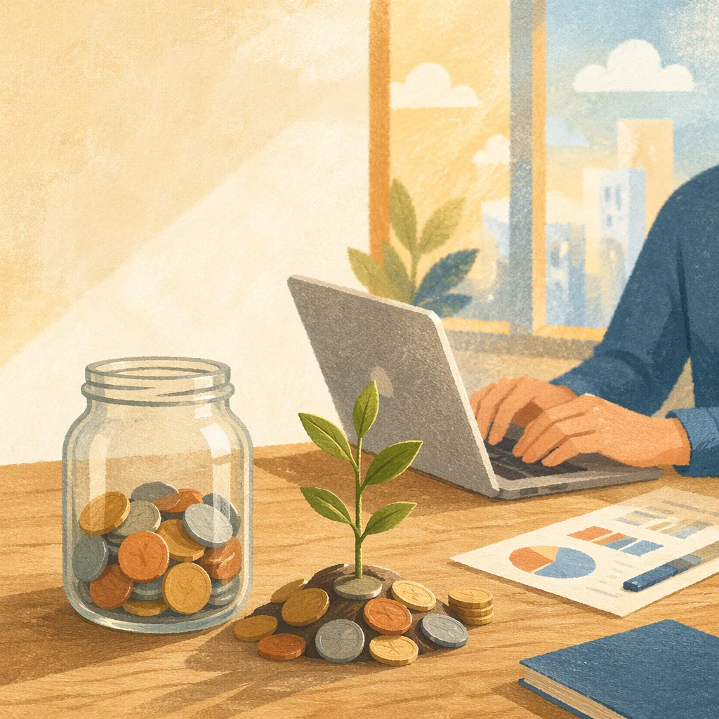 Glass Jar Coins and Growth Sprout