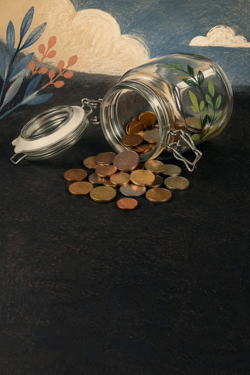 Glass Savings Jar with Coins and Leaves