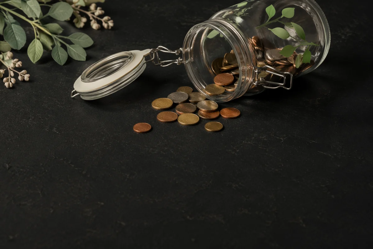 Glass Savings Jar with Coins and Growth