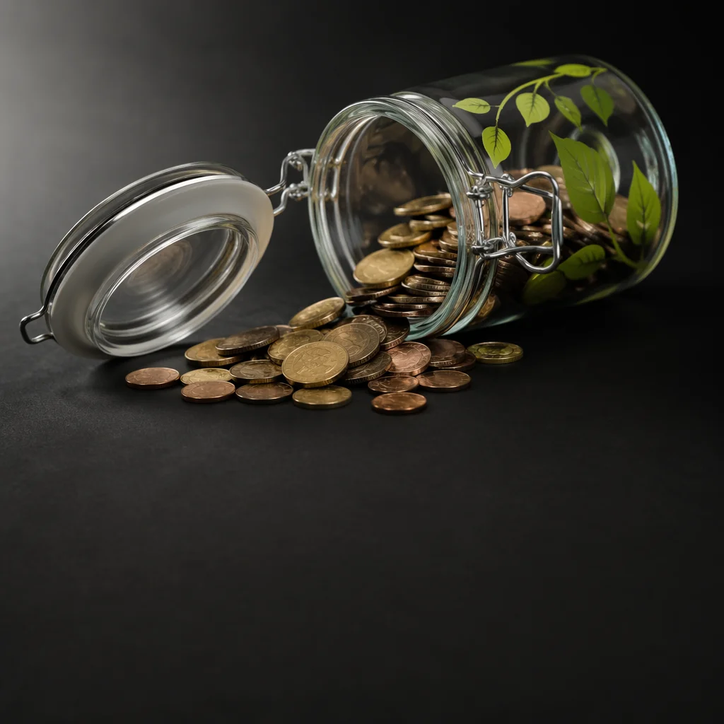 Glass Savings Jar with Coins and Leaves