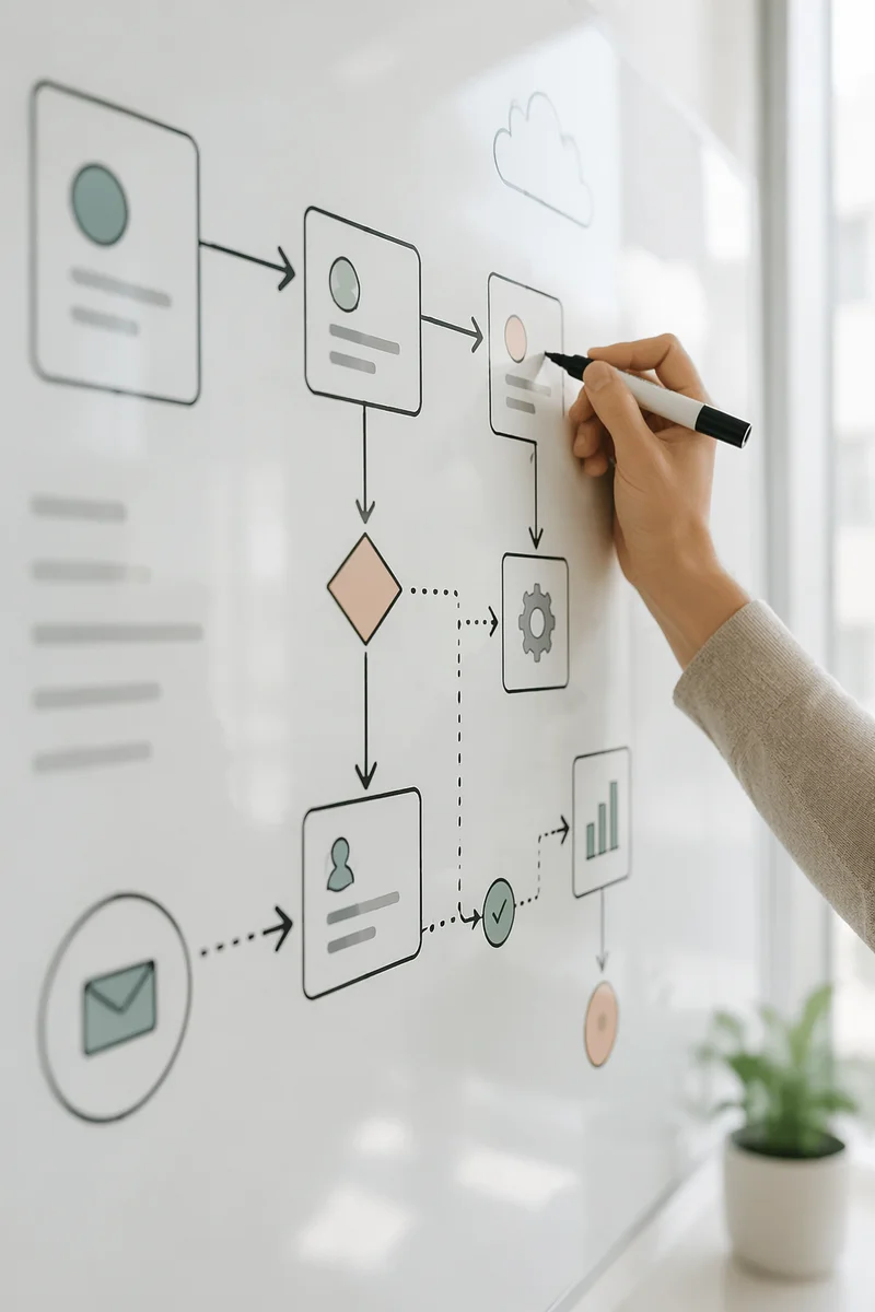 Hand Drawing Business Flowchart on Whiteboard