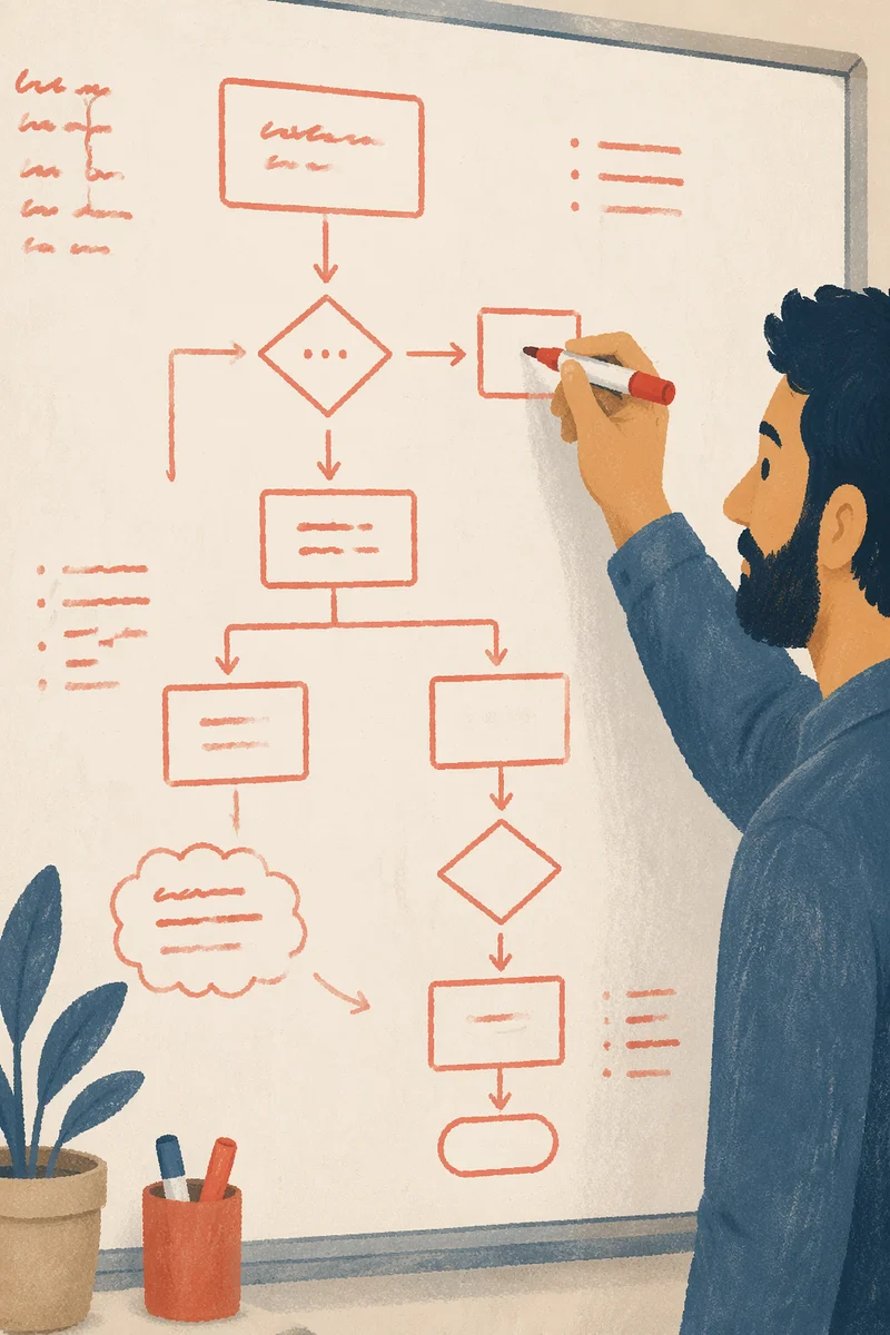 Hand Drawing Red Flowchart on Whiteboard