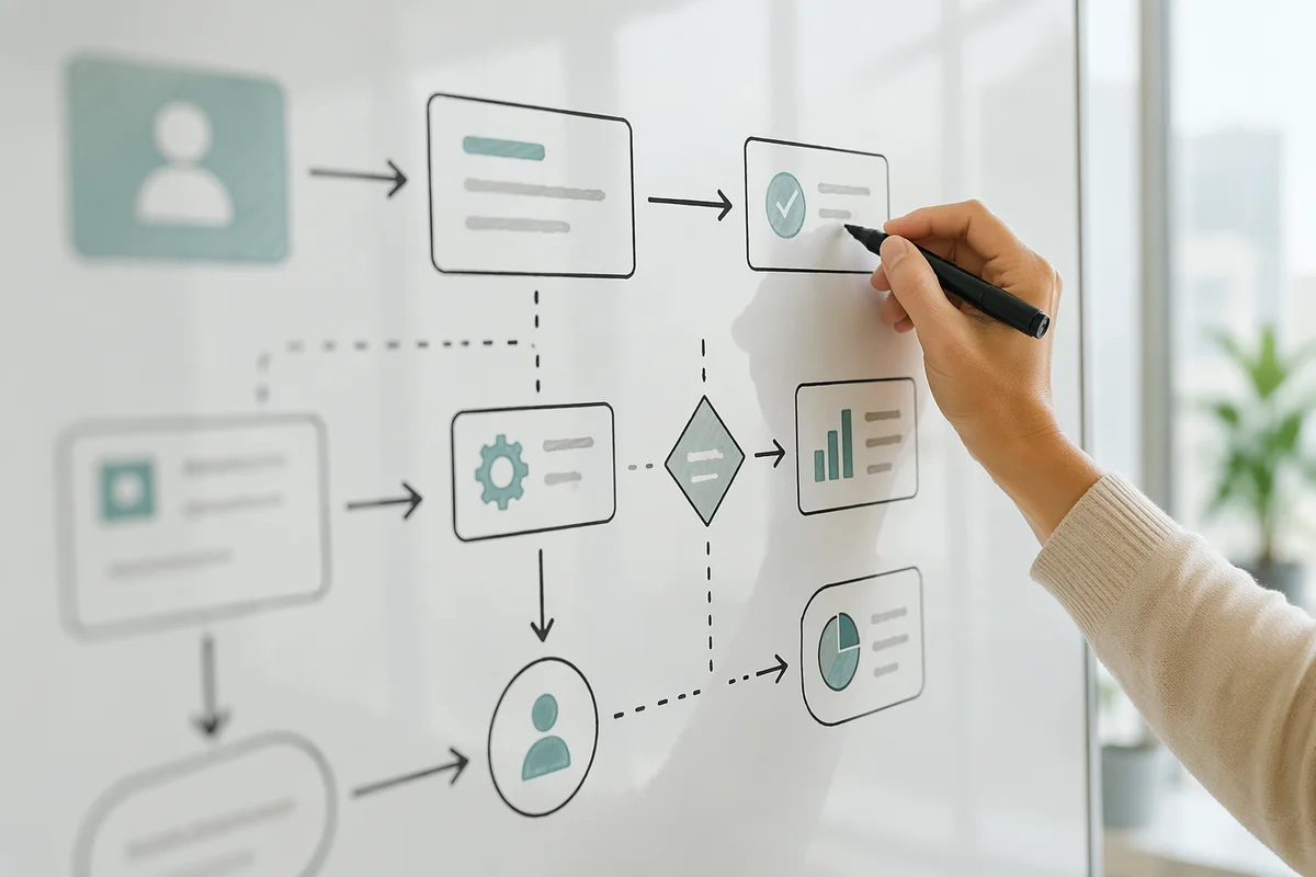 Hand Drawing Business Flowchart on Whiteboard