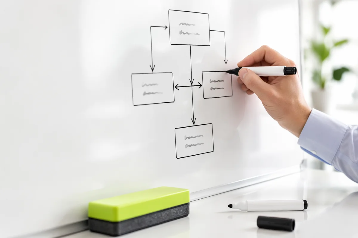 Hand Drawing Business Flowchart on Whiteboard