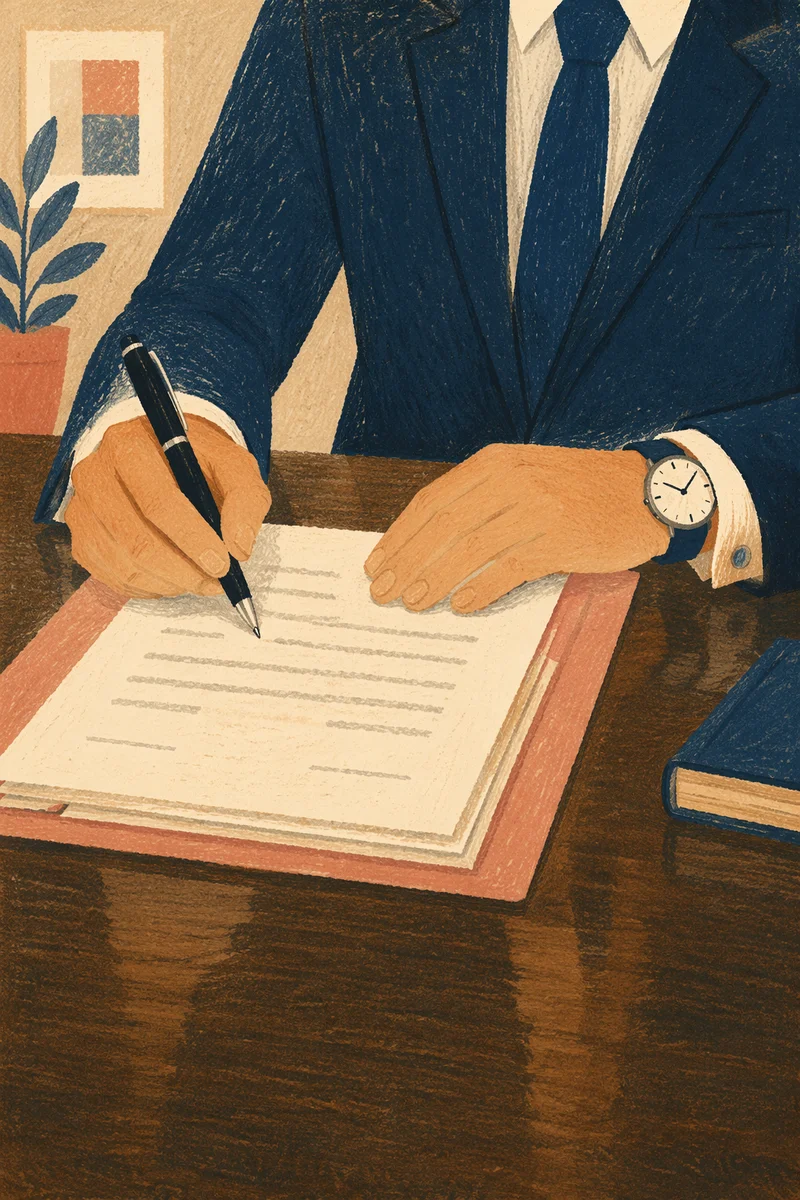 Business Hands Signing Contract on Wooden Table