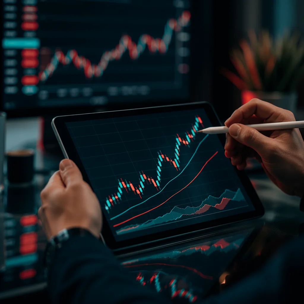Hands Analyzing Upward Growth Chart on Tablet
