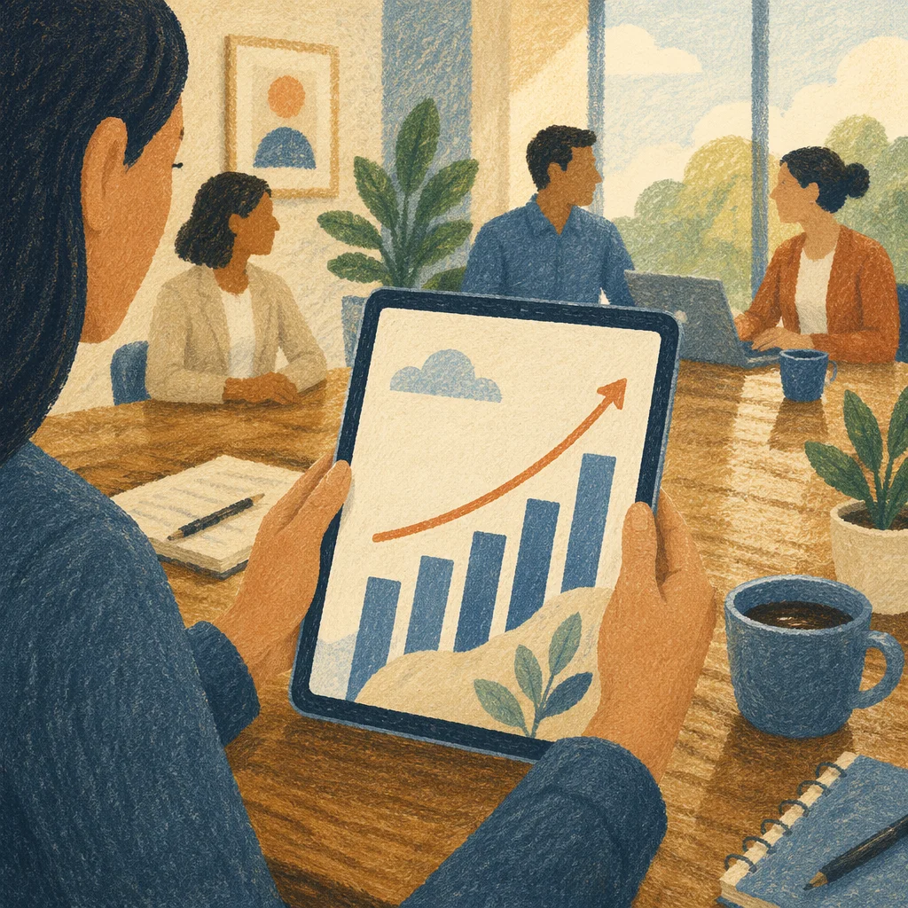 Hands Holding Tablet with Growth Chart