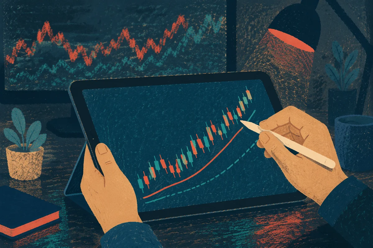 Hands Analyzing Upward Growth Chart on Tablet