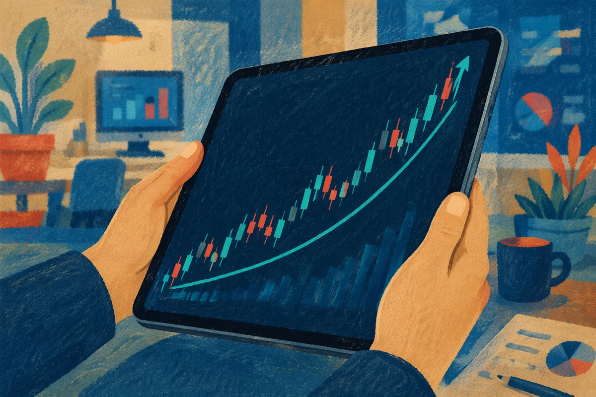 Hands Holding Tablet With Rising Growth Chart