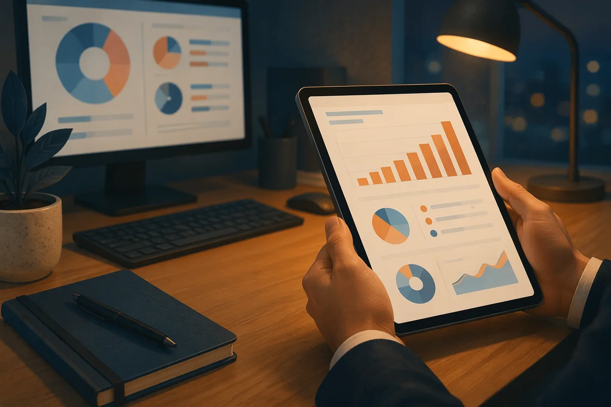 Hands Holding Tablet With Upward Growth Chart