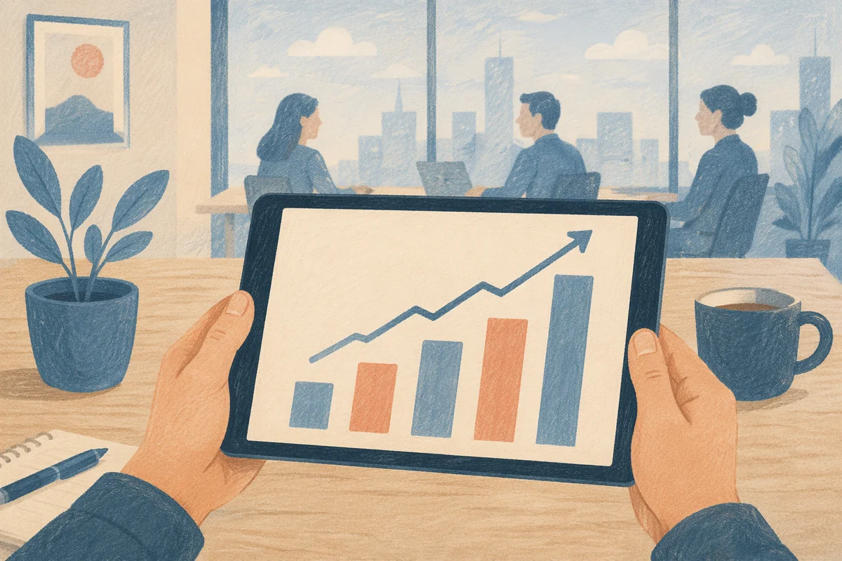 Hands Holding Tablet With Growth Chart