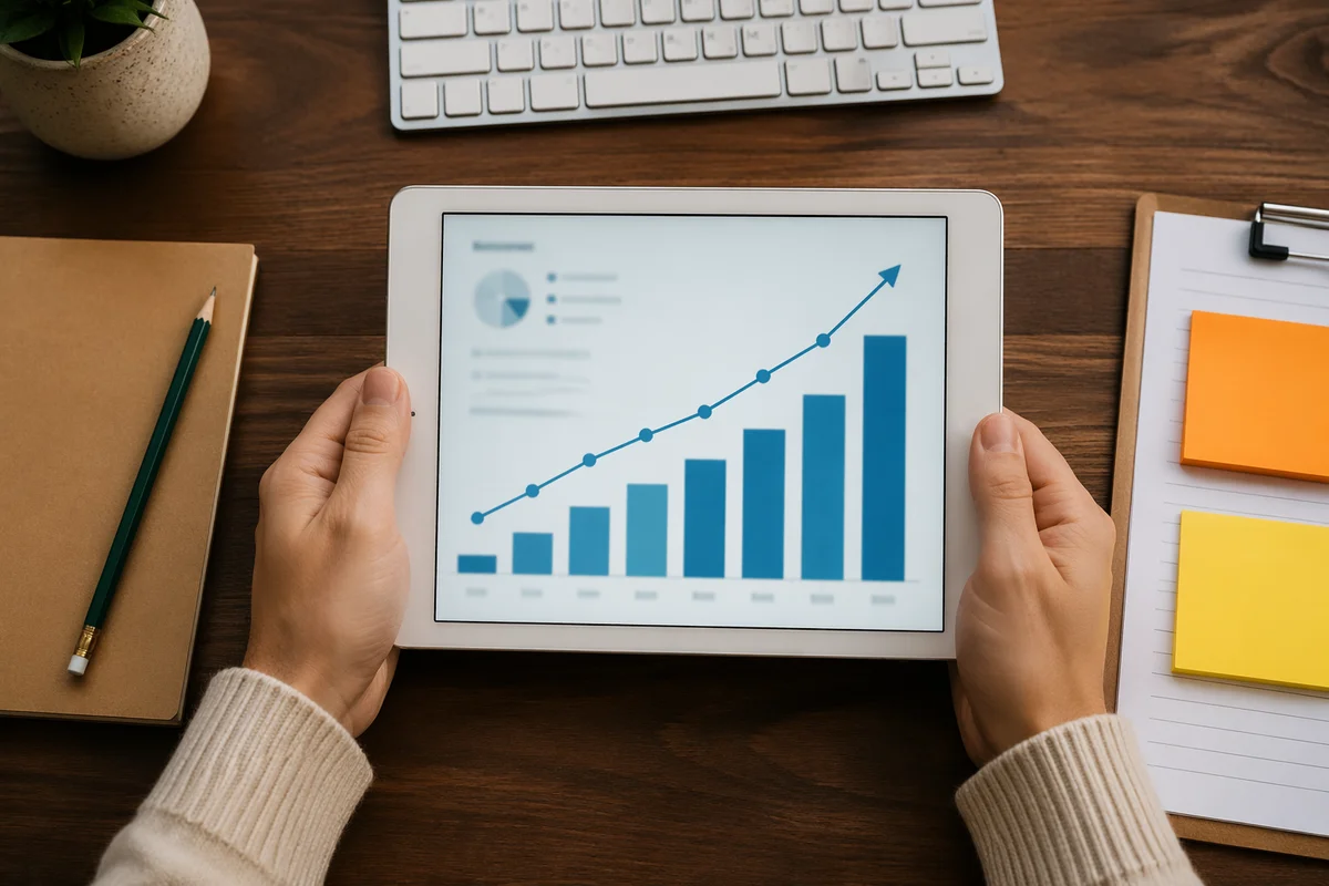 Hands Holding Tablet with Growth Chart