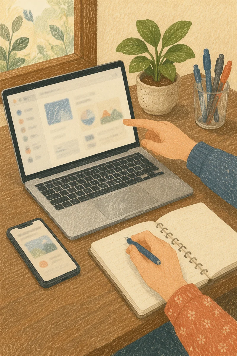 Collaborative Laptop Planning on Warm Wooden Desk