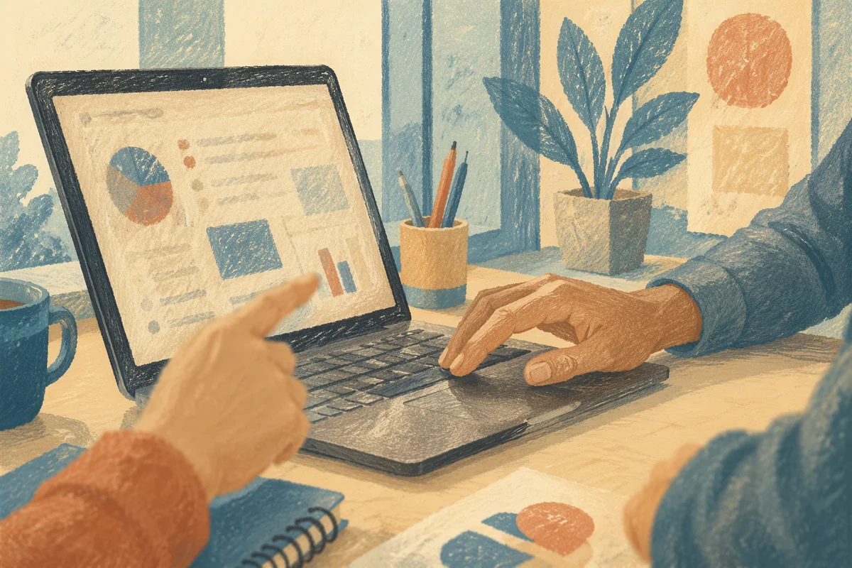 Hands Collaborating Around Laptop in Modern Office