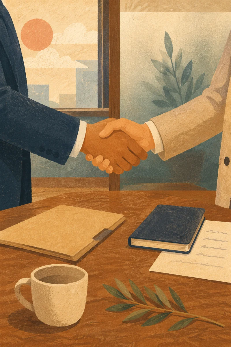 Honest Business Handshake Over Wooden Table