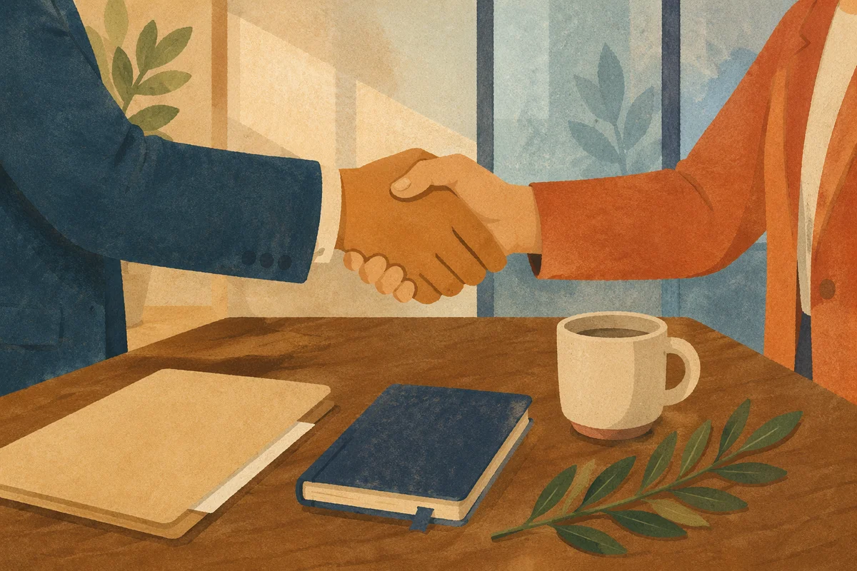 Honest Business Handshake Over Wooden Table