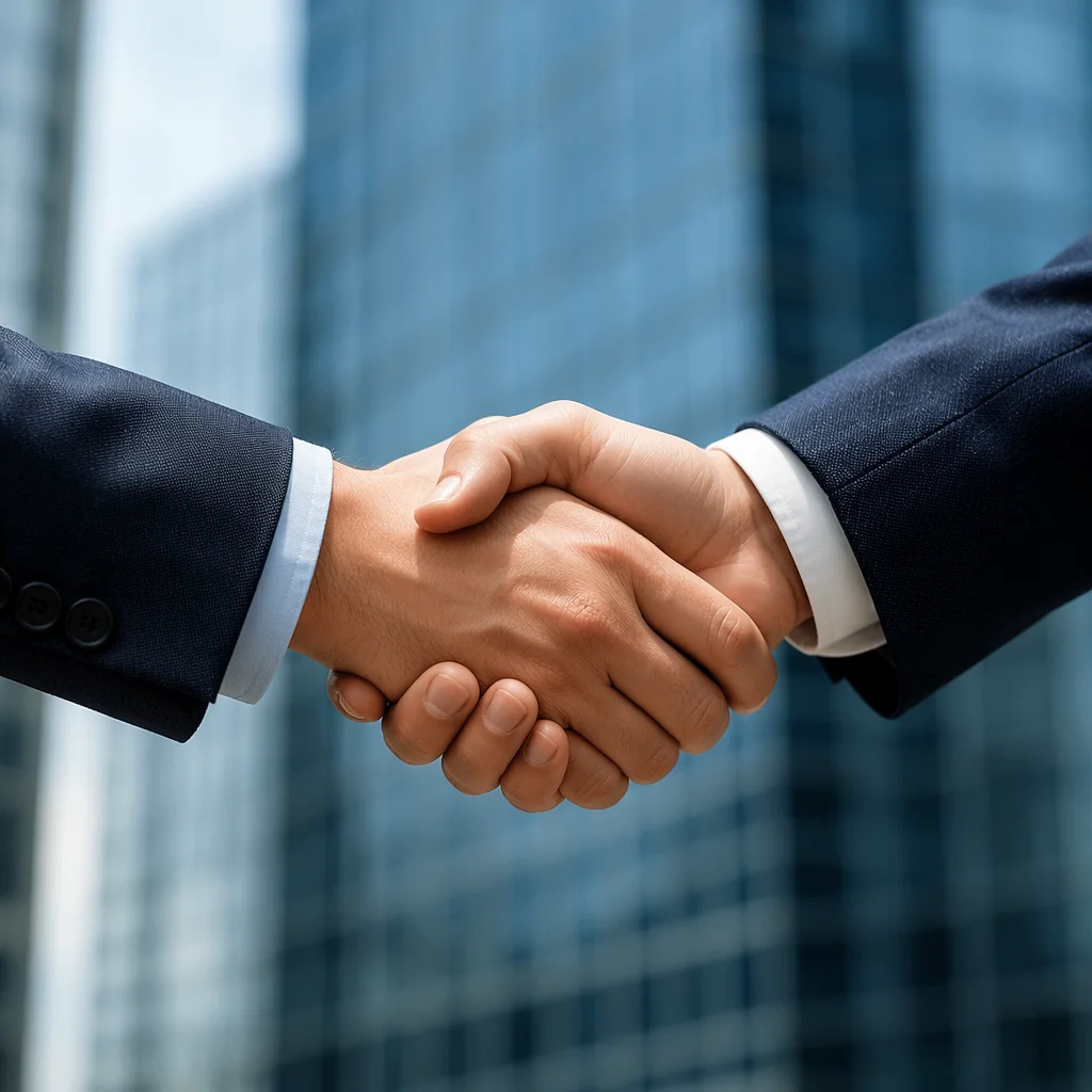 Professional Handshake in Modern Financial District