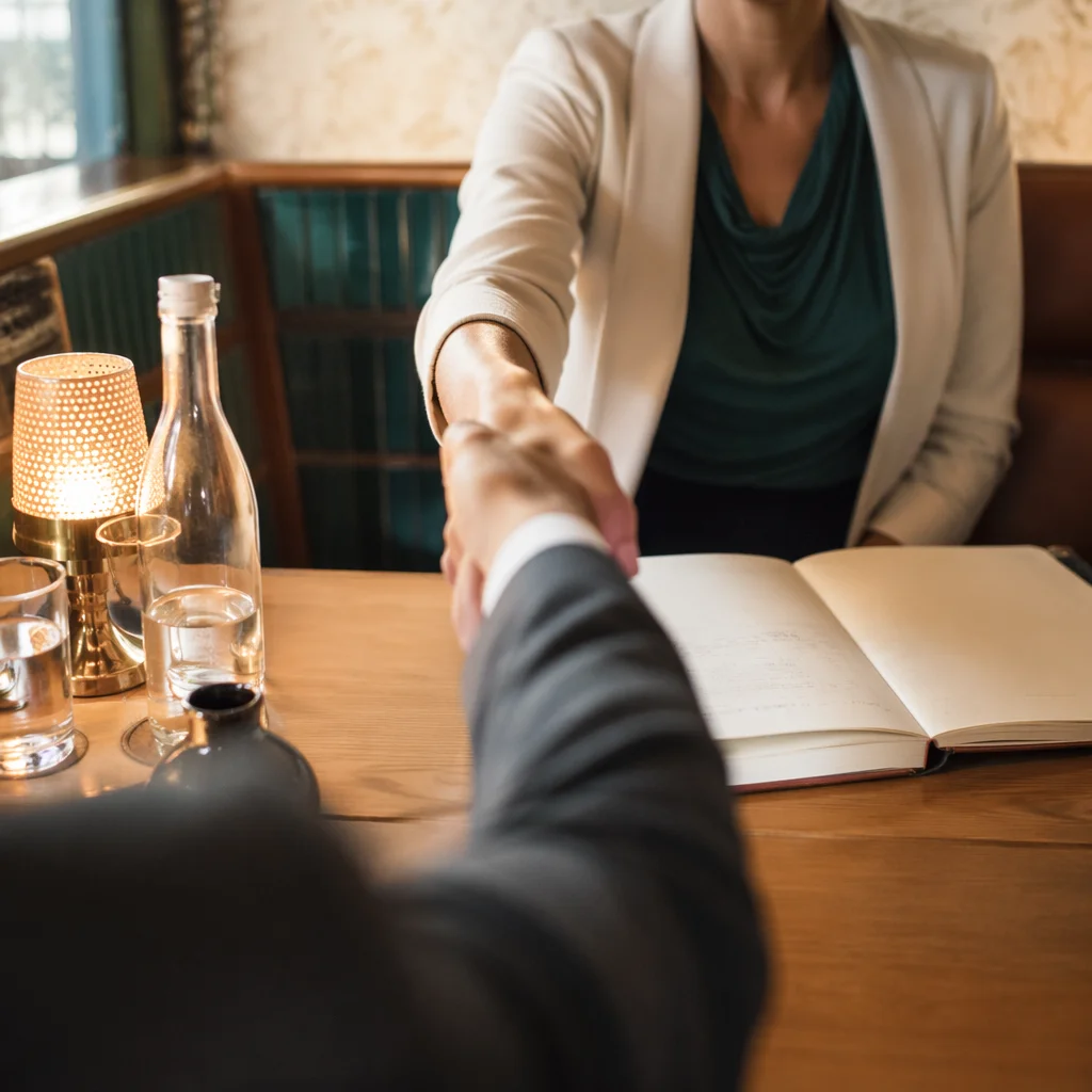 Professional Handshake Agreement in Upscale Café