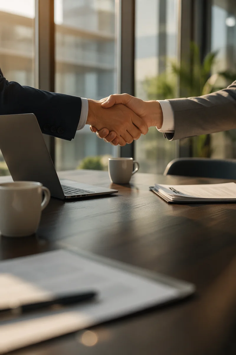 Business Handshake Agreement in Modern Office