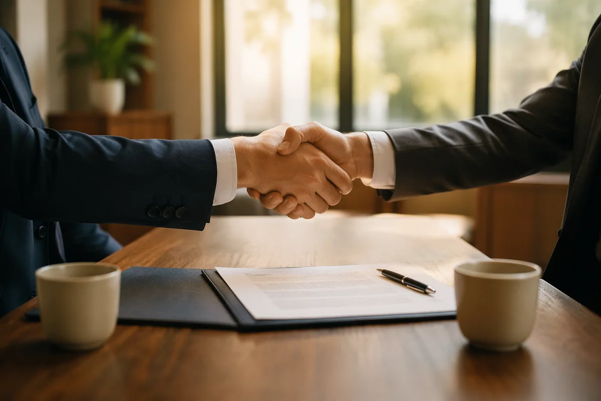 Business Handshake Agreement in Warm Office