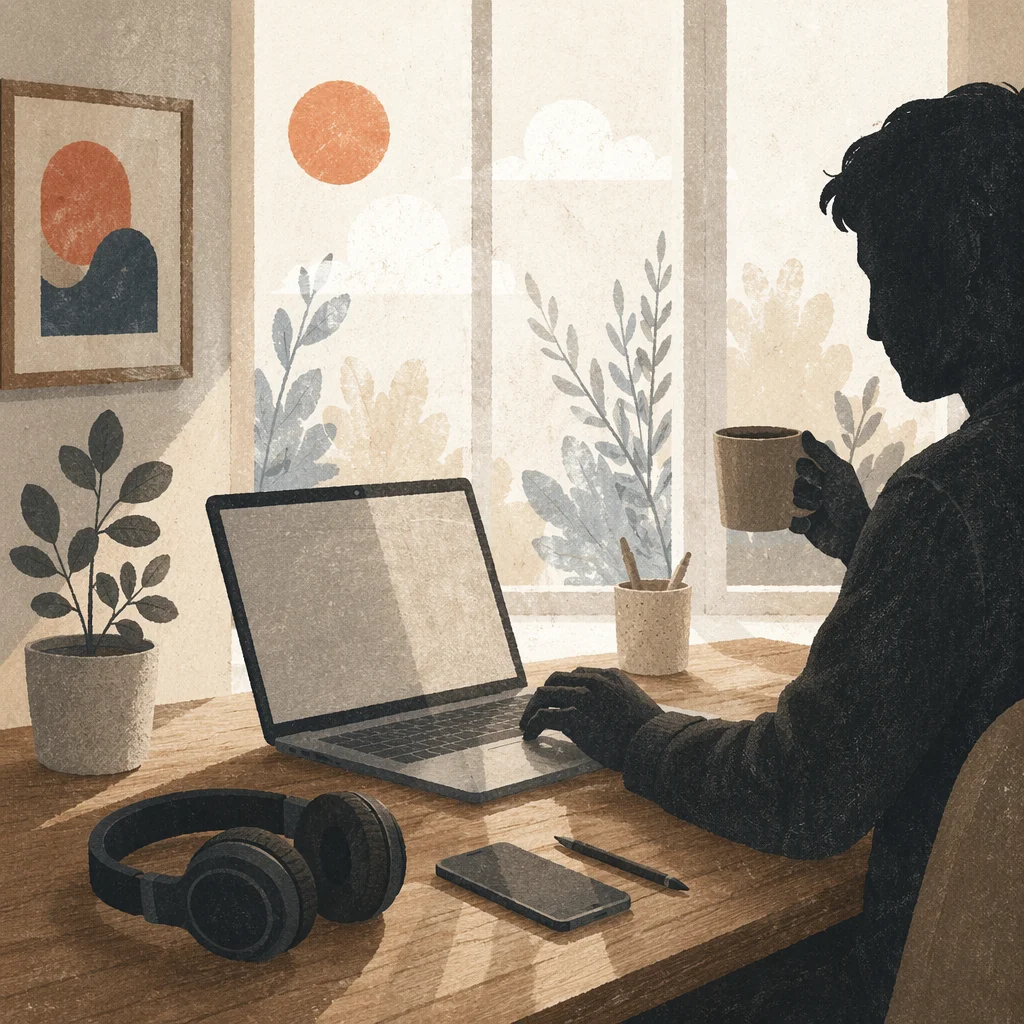 Focused Workspace With Headphones and Laptop