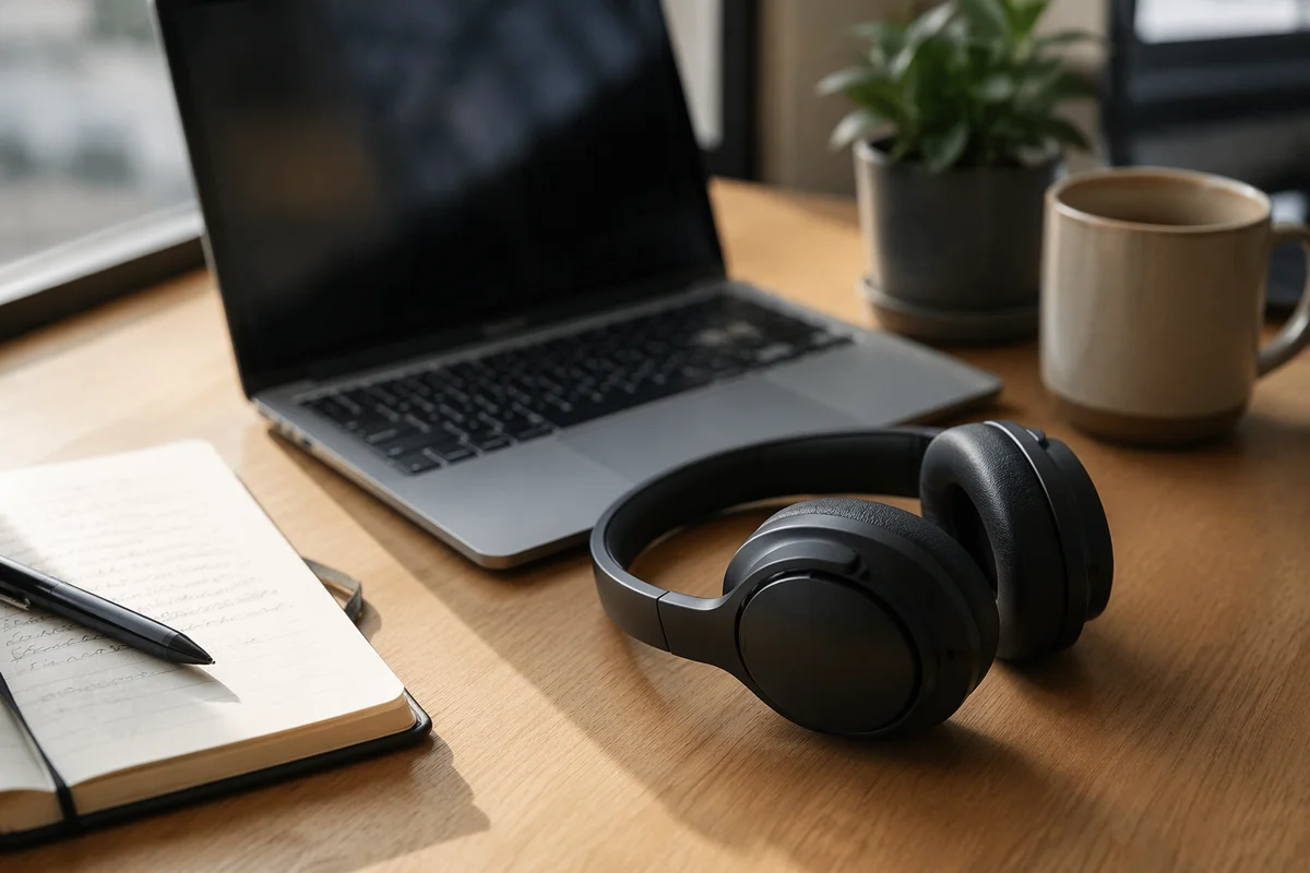 Headphones and Laptop on Focused Work Desk