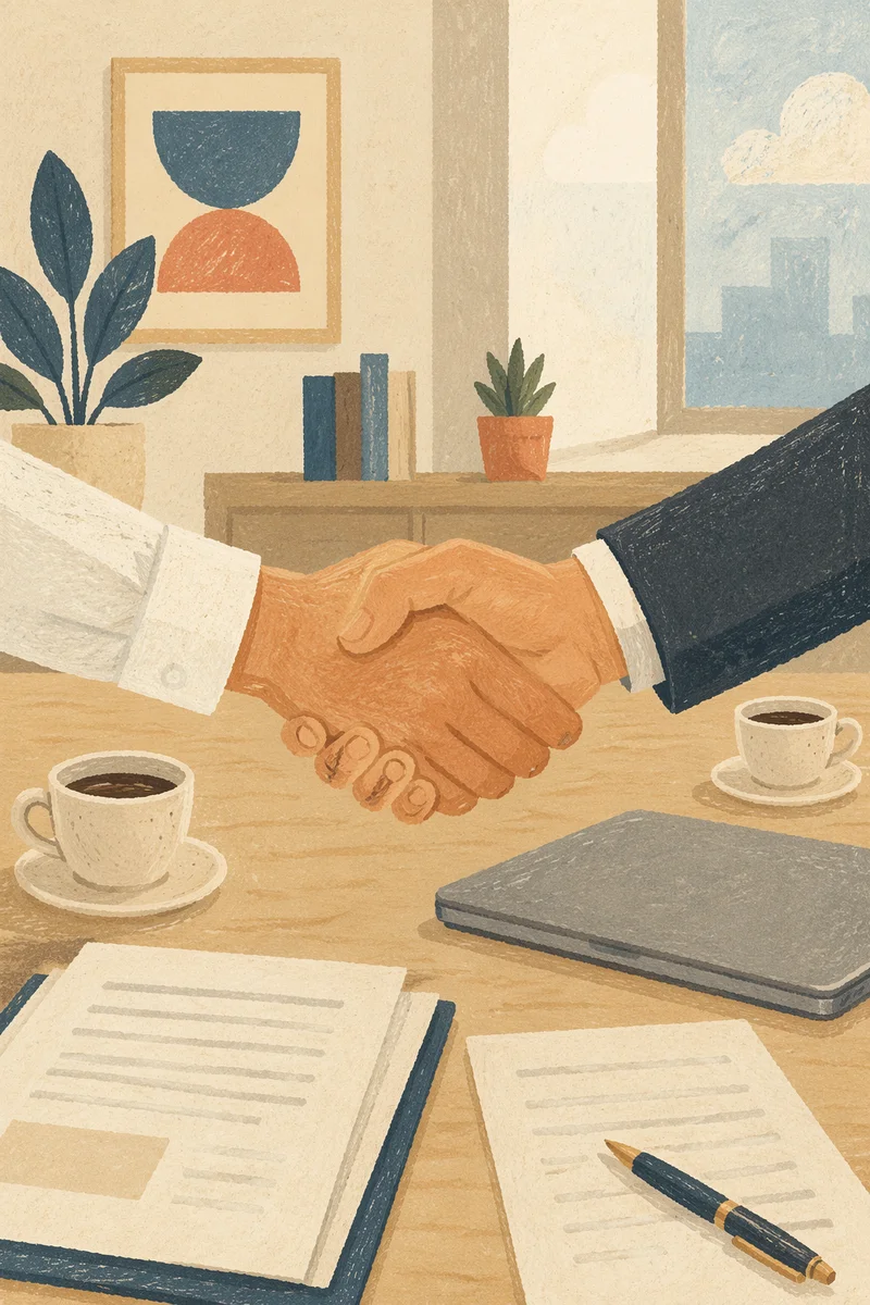 Professional Job Interview Handshake at Office Desk