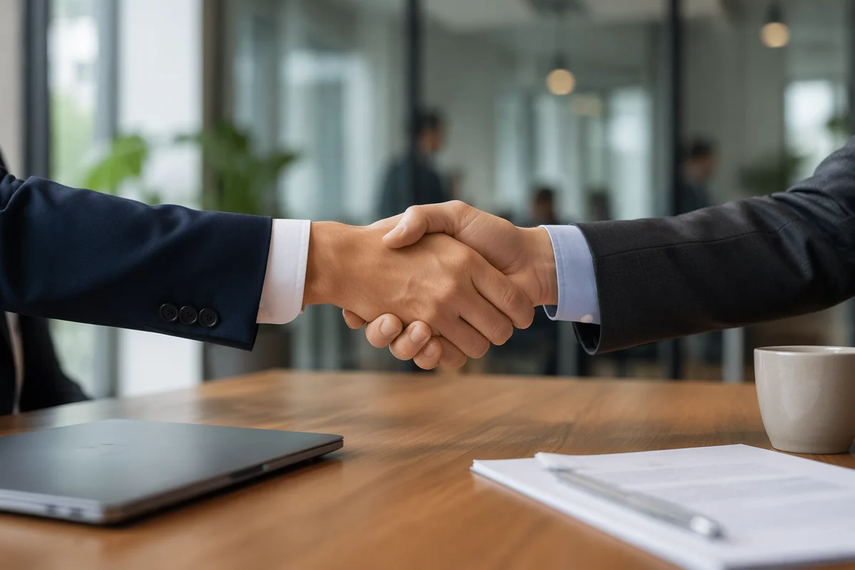 Confident Job Interview Handshake in Modern Office