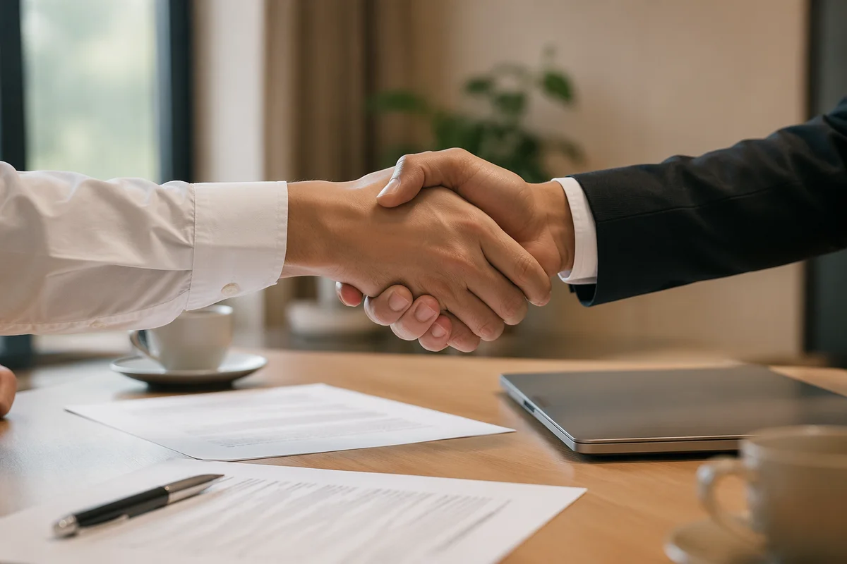 Professional Job Interview Handshake at Office Desk