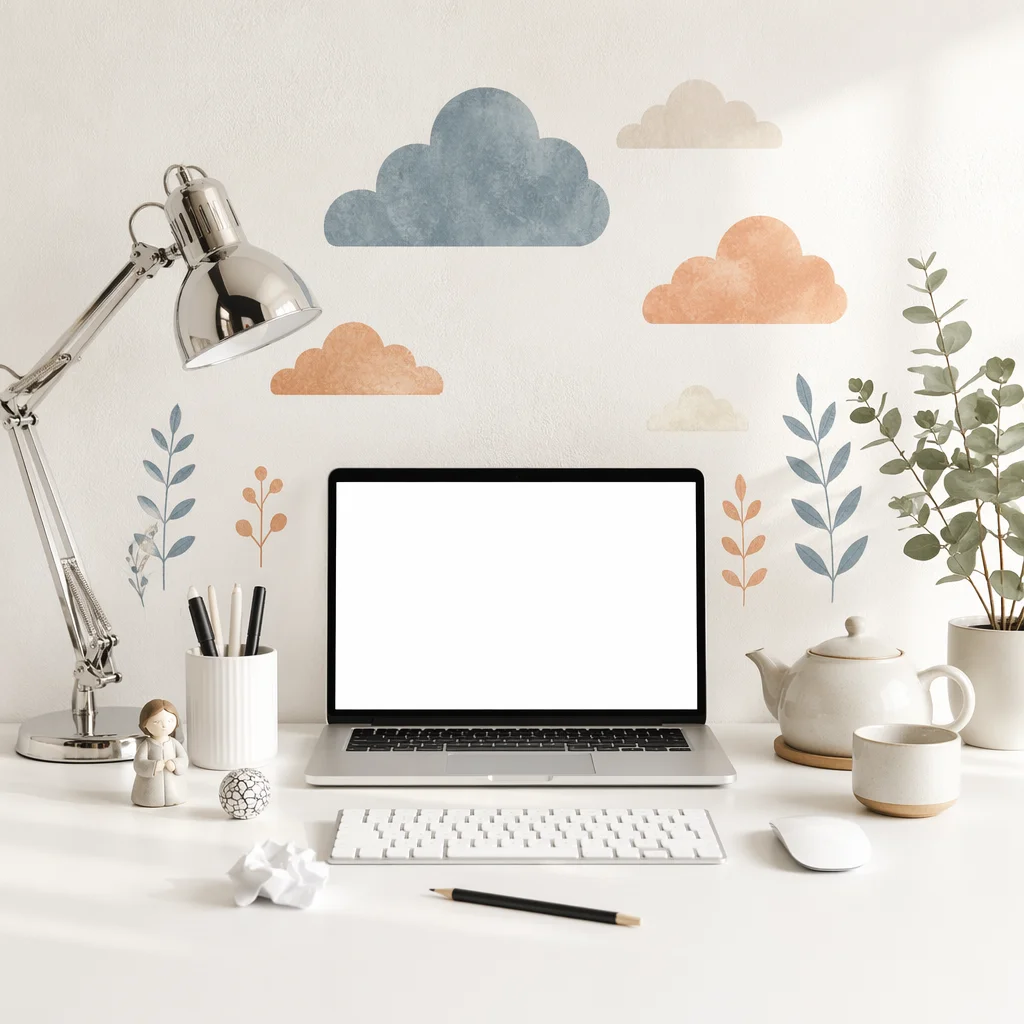 Clean White Desk With Open Laptop