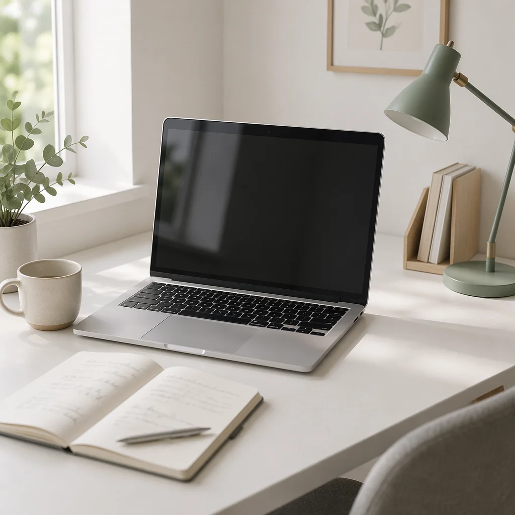 Open Laptop on Minimal White Desk