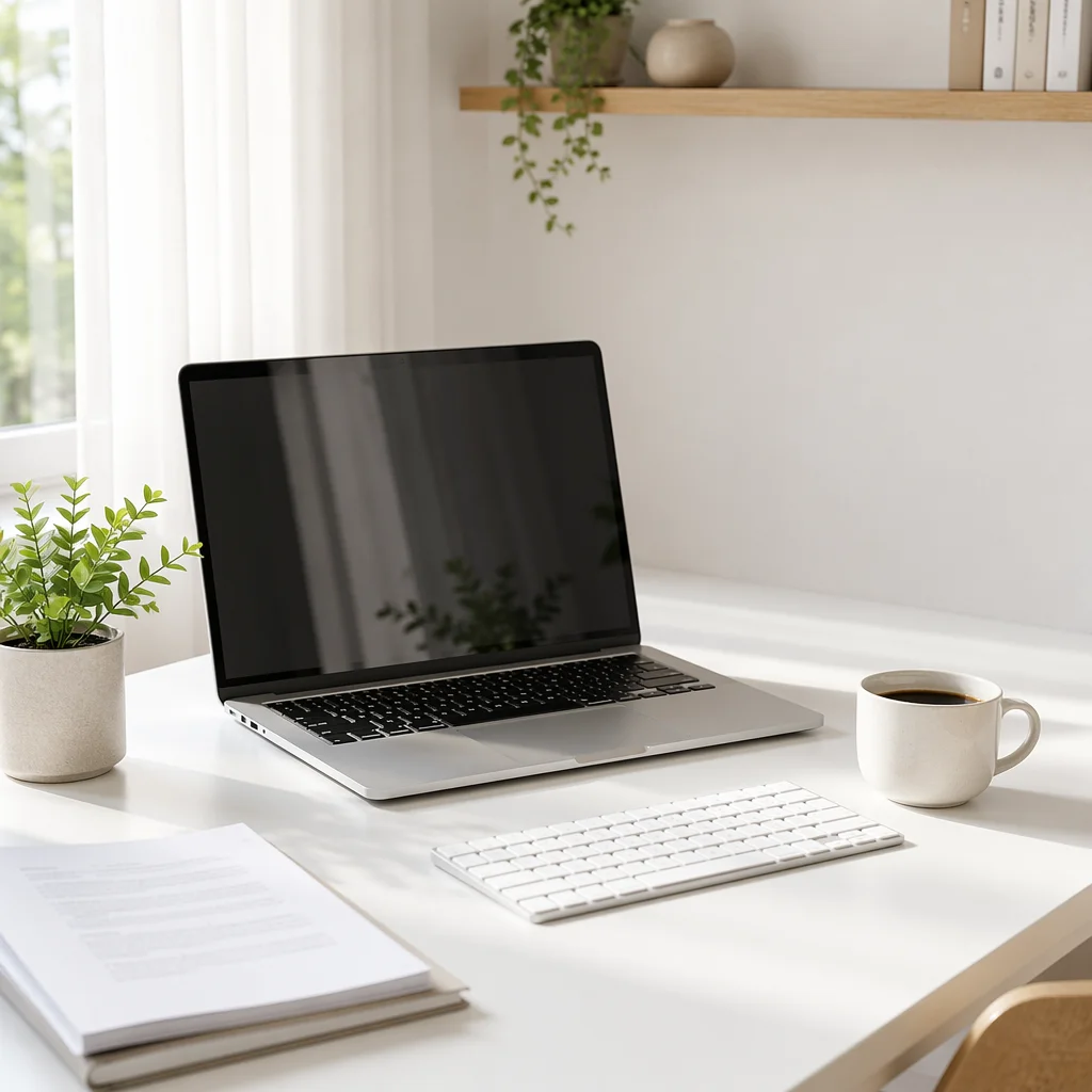 Minimal White Desk Laptop Workspace