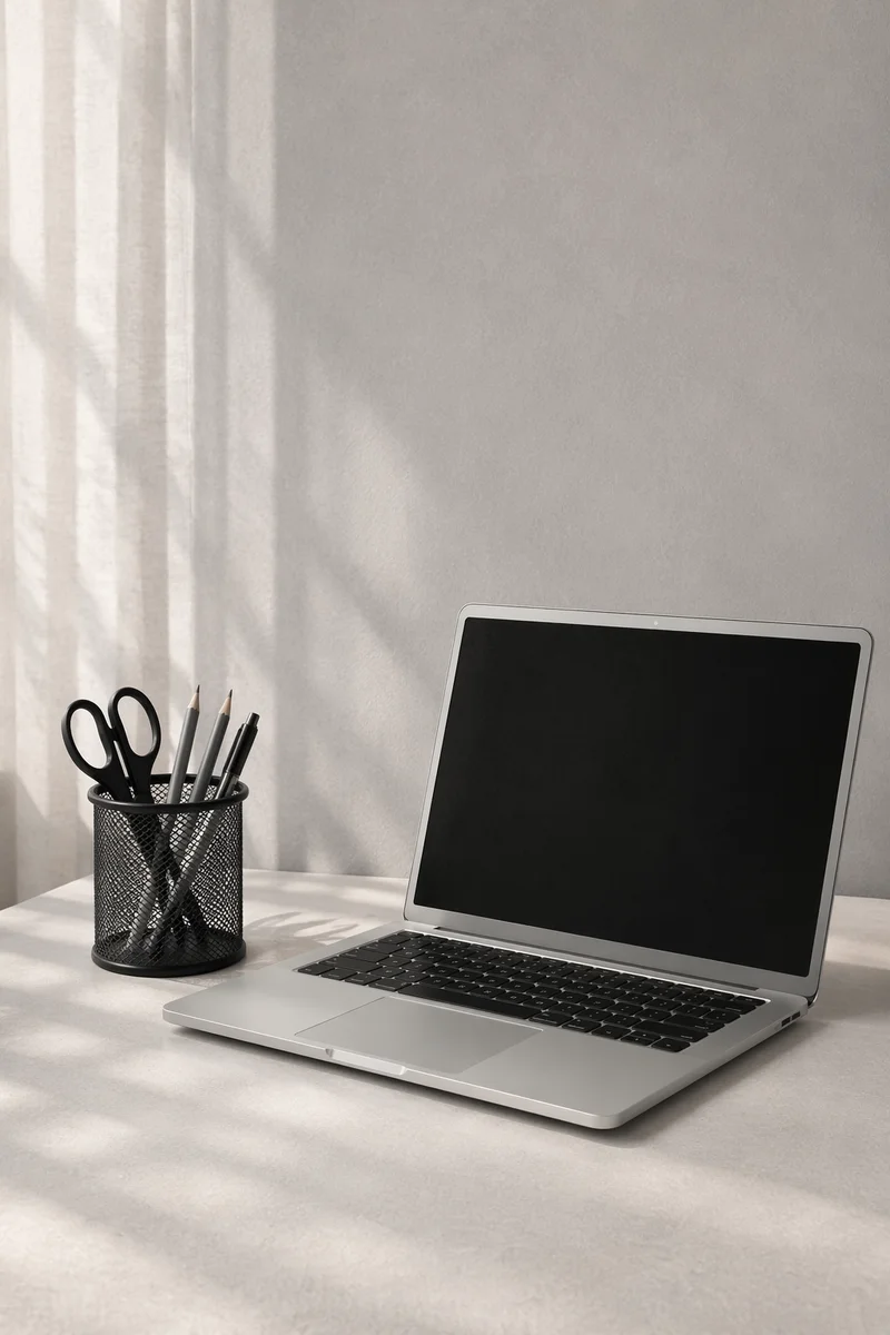 Minimal Laptop Workspace on White Desk