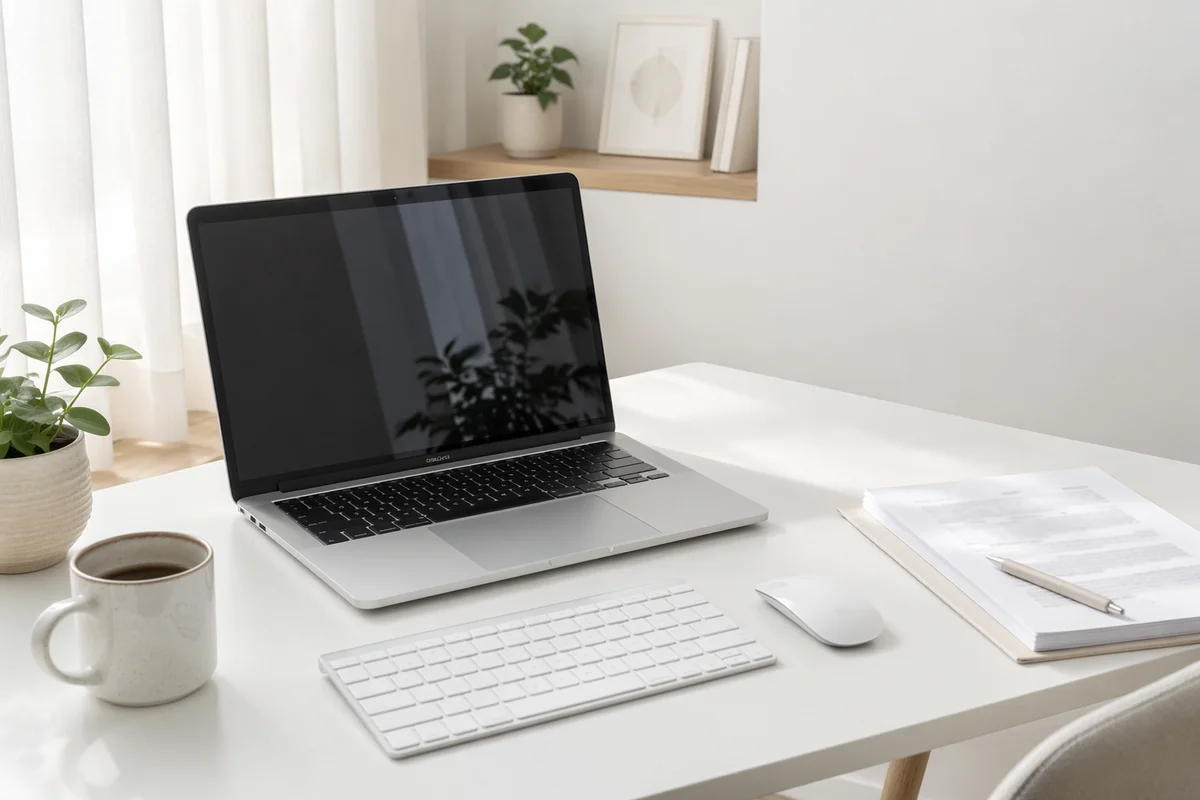 Open Laptop on Minimal White Desk