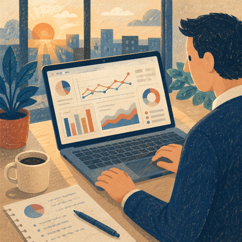 Laptop Analytics Dashboard in Morning Office