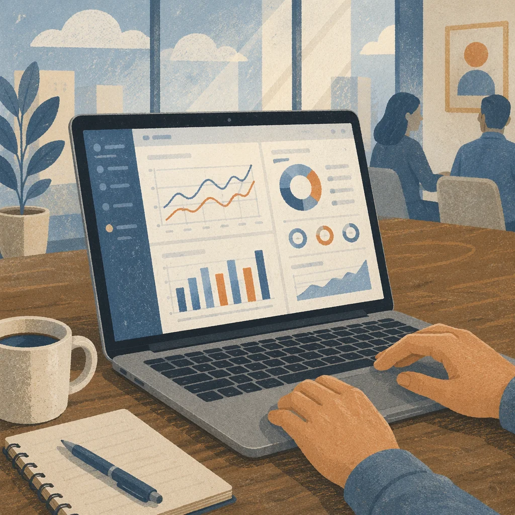 Laptop Analytics Dashboard in Modern Office