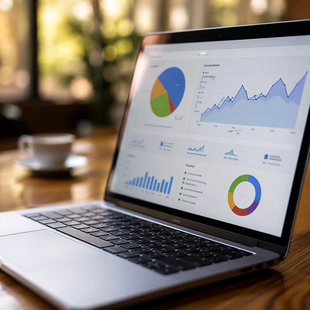 Laptop Analytics Dashboard on Wooden Desk