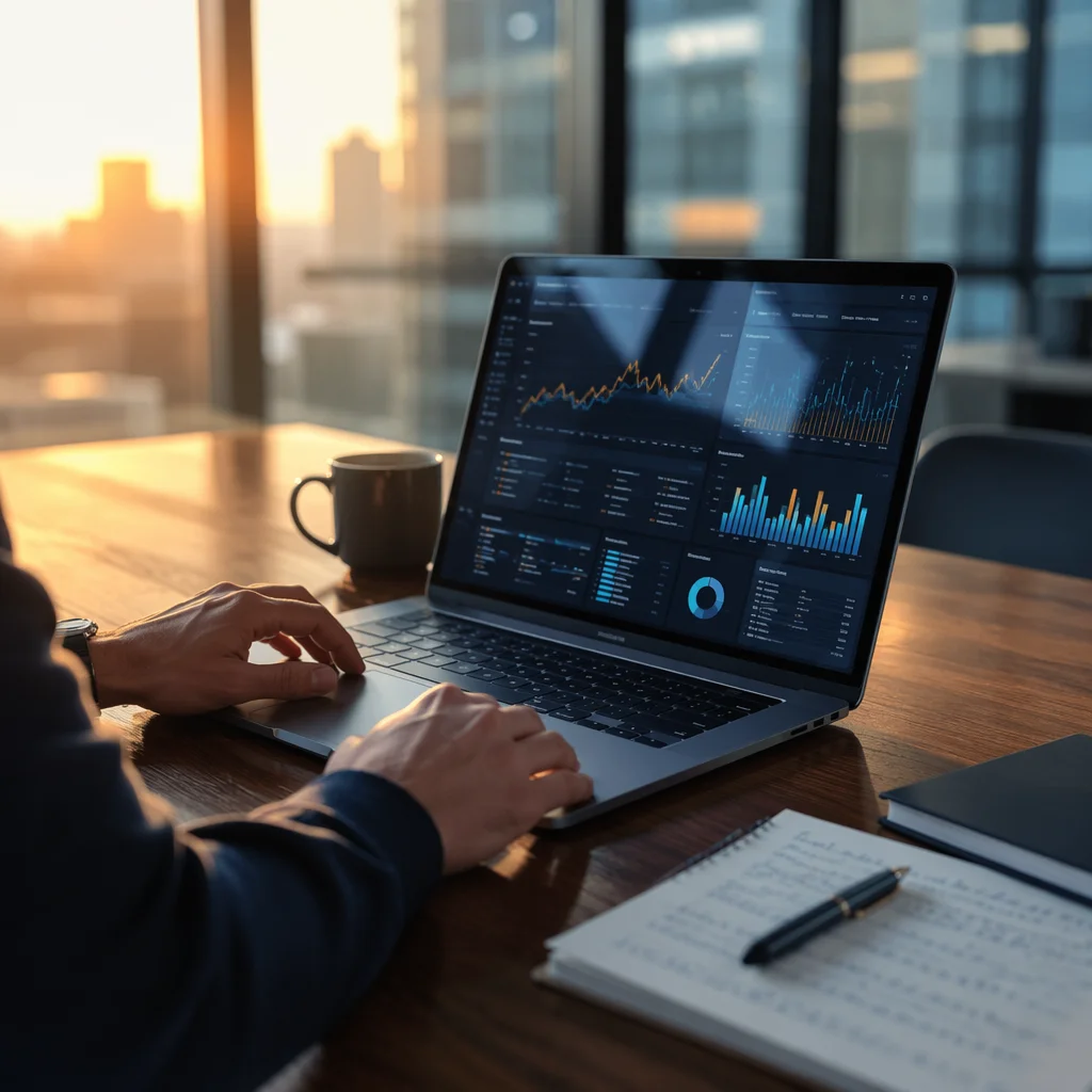 Laptop Analytics Dashboard in Modern Office