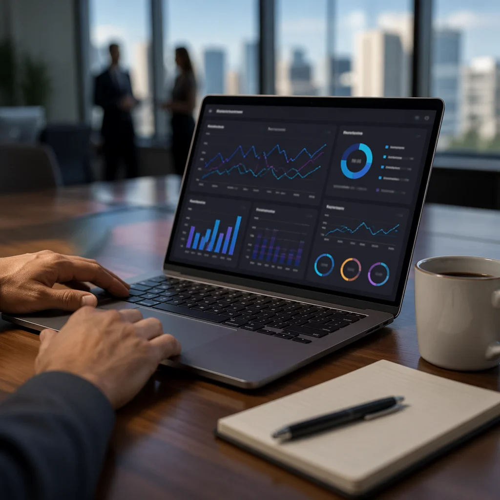 Laptop Analytics Dashboard in Modern Office