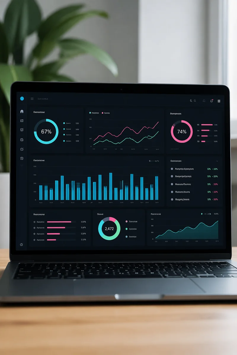 Dark Mode Business Analytics Dashboard on Laptop