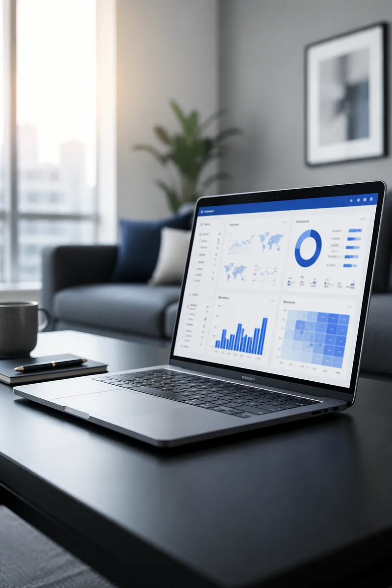 Laptop Analytics Dashboard in Modern Office Lounge