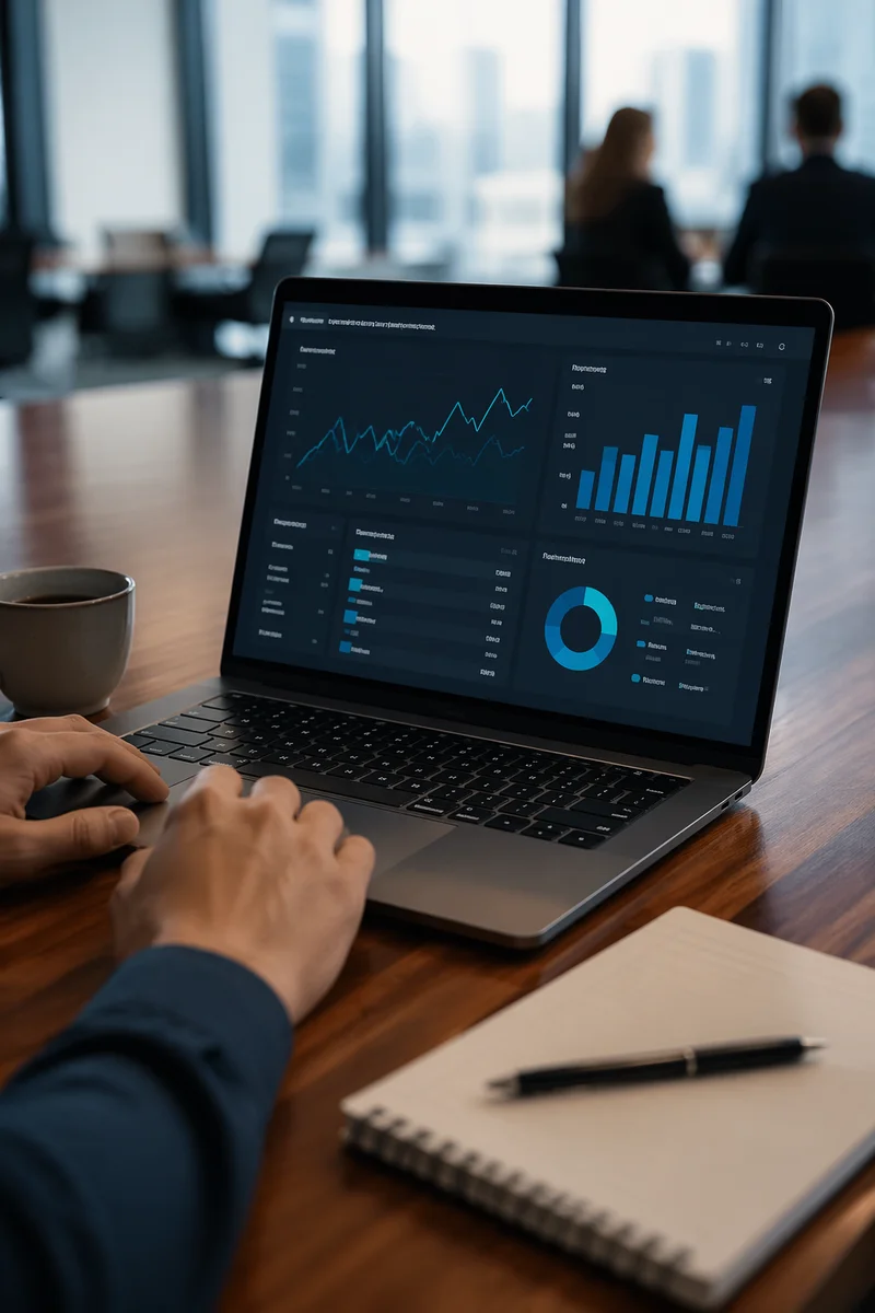 Laptop Analytics Dashboard in Modern Office