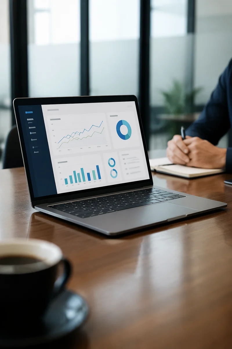 Laptop Analytics Dashboard in Modern Workspace