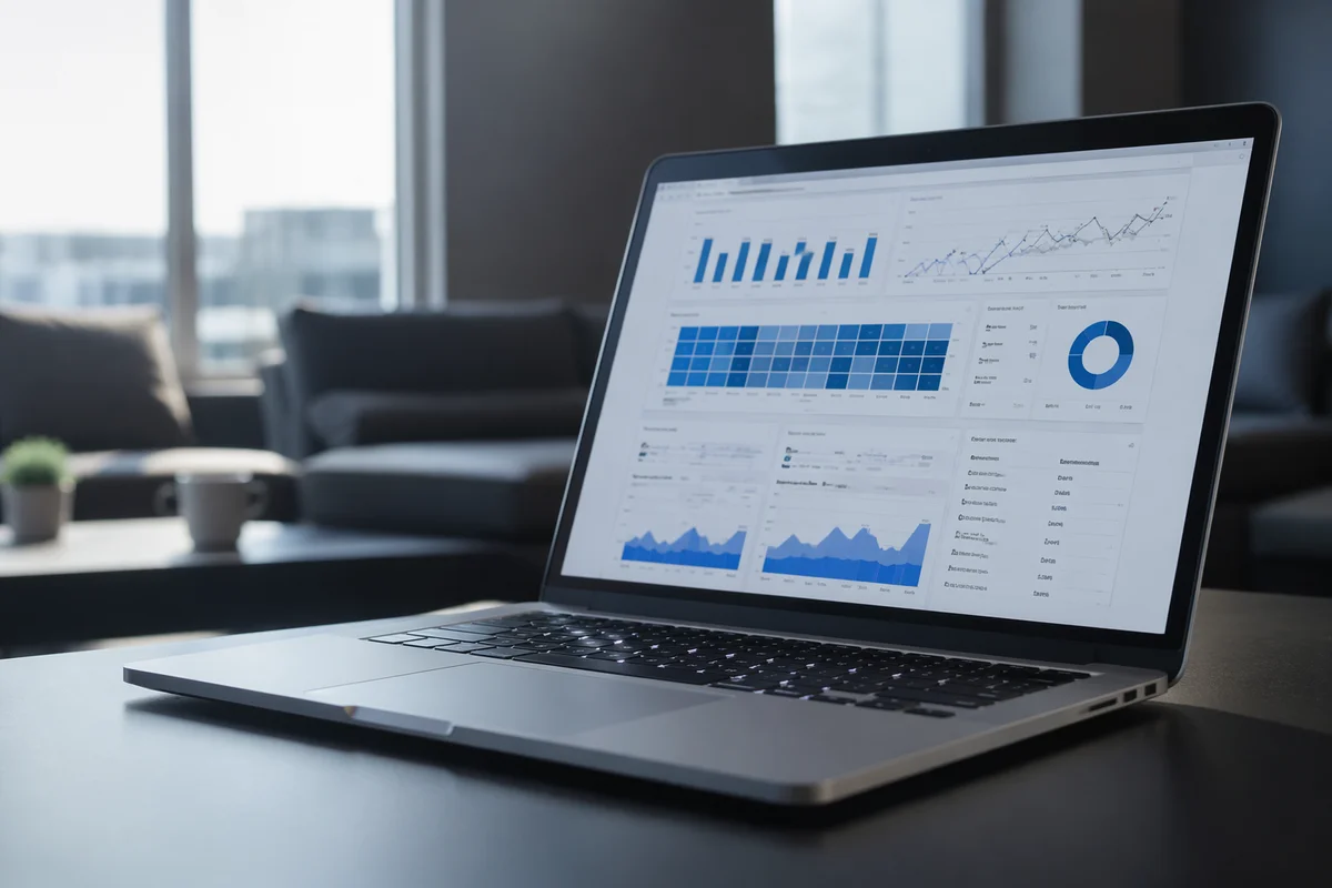 Laptop Analytics Dashboard in Modern Office