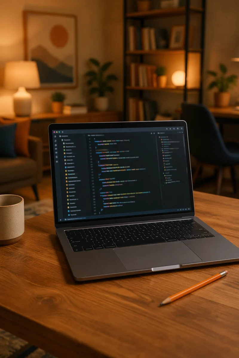 Cozy Developer Laptop on Wooden Desk