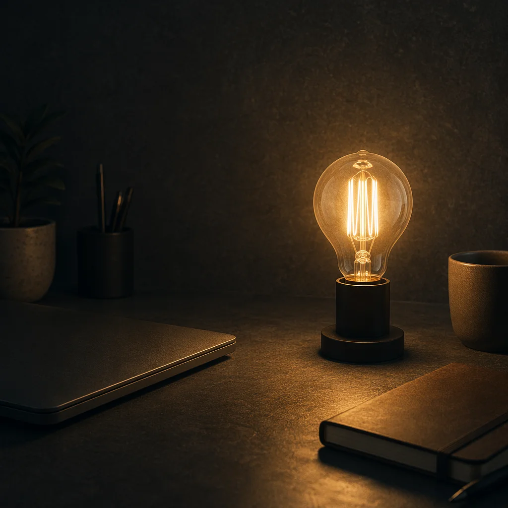 Glowing Lightbulb in Dark Business Workspace