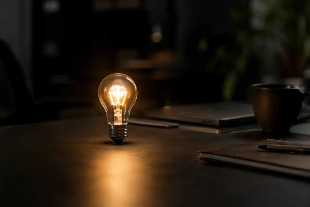 Glowing Lightbulb in Dark Business Workspace