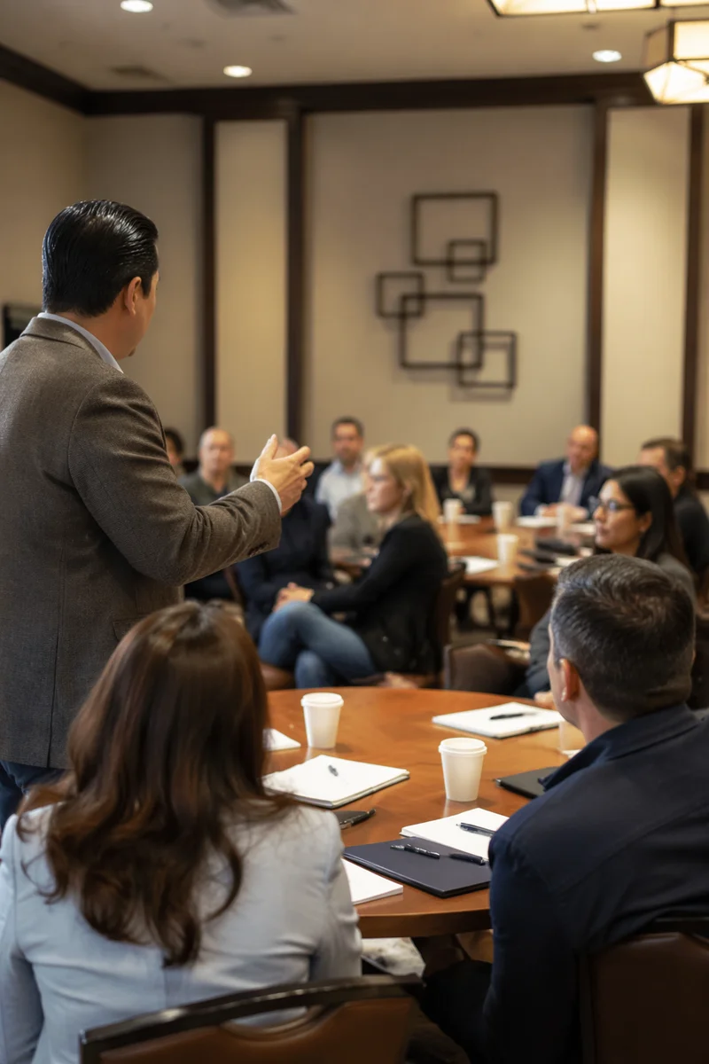 Business Workshop Presenter Leading Team Meeting
